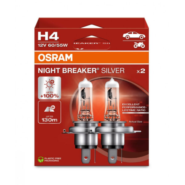 OSRAM NIGHT BREAKER SILVER hõõgpirn 12V 60/55W H4 +100% 2tk