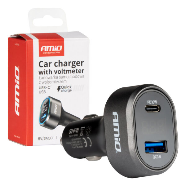 AMiO kiirlaadija USB-A + Type-C 48W koos voltmeetriga 5V/3A 12/24V