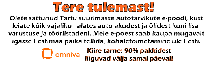 Olete sattunud Tartu suurimasse autotarvikute e-poodi, kust leiate kõik vajaliku - alates auto akudest ja õlidest kuni lisa- varustuse ja tööriistadeni. Meie e-poest saab kaupa mugavalt igasse Eestimaa paika tellida, kohaletoimetamine üle Eesti.