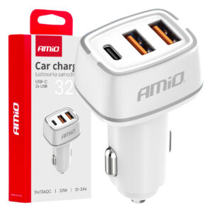 AMiO nutiseadmete kiirlaadija autosse 2xUSB-A+1xType-C 32W 12-24V